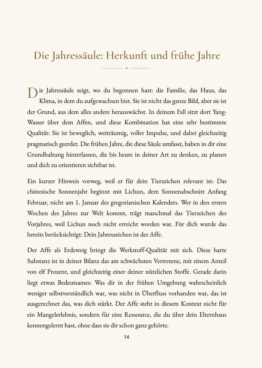 Chinesisches Horoskop: Kapitelseite mit echtem Text