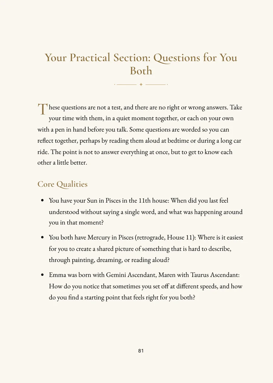 Parent and Child Horoscope Book, practical section with questions