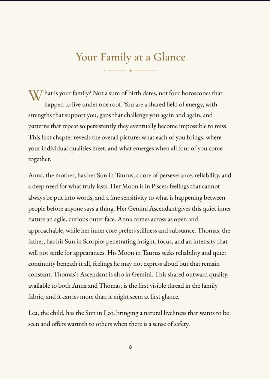 Family Horoscope Book, chapter page with real text