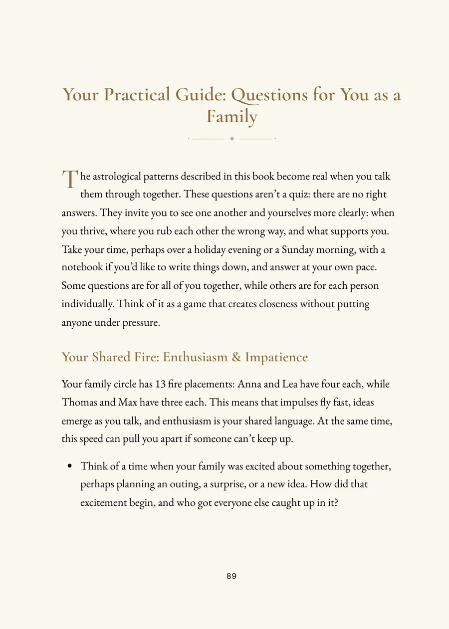 Family Horoscope Book, reflection section with questions