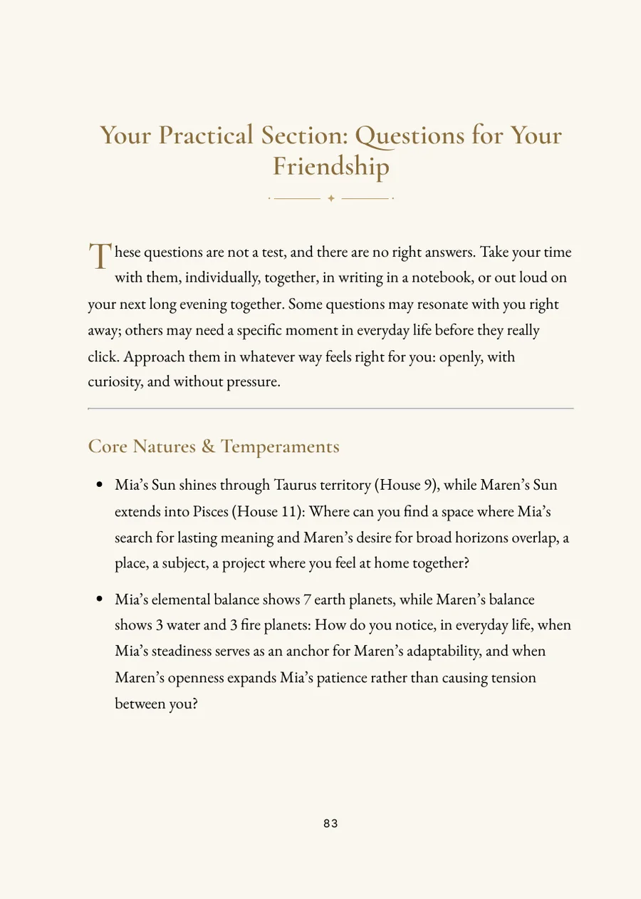Friendship Horoscope Book, practical section with questions