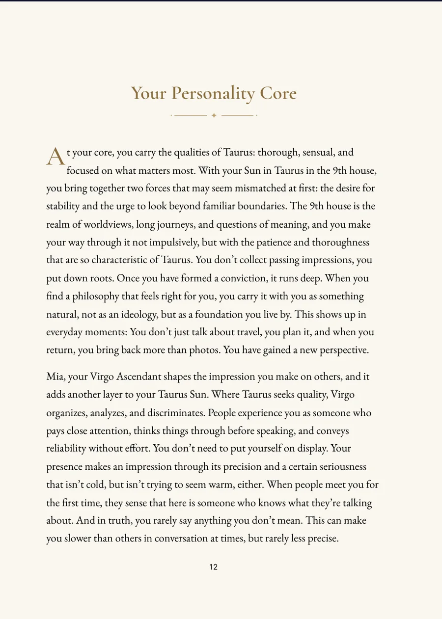 Birth Chart Book, chapter page with real text