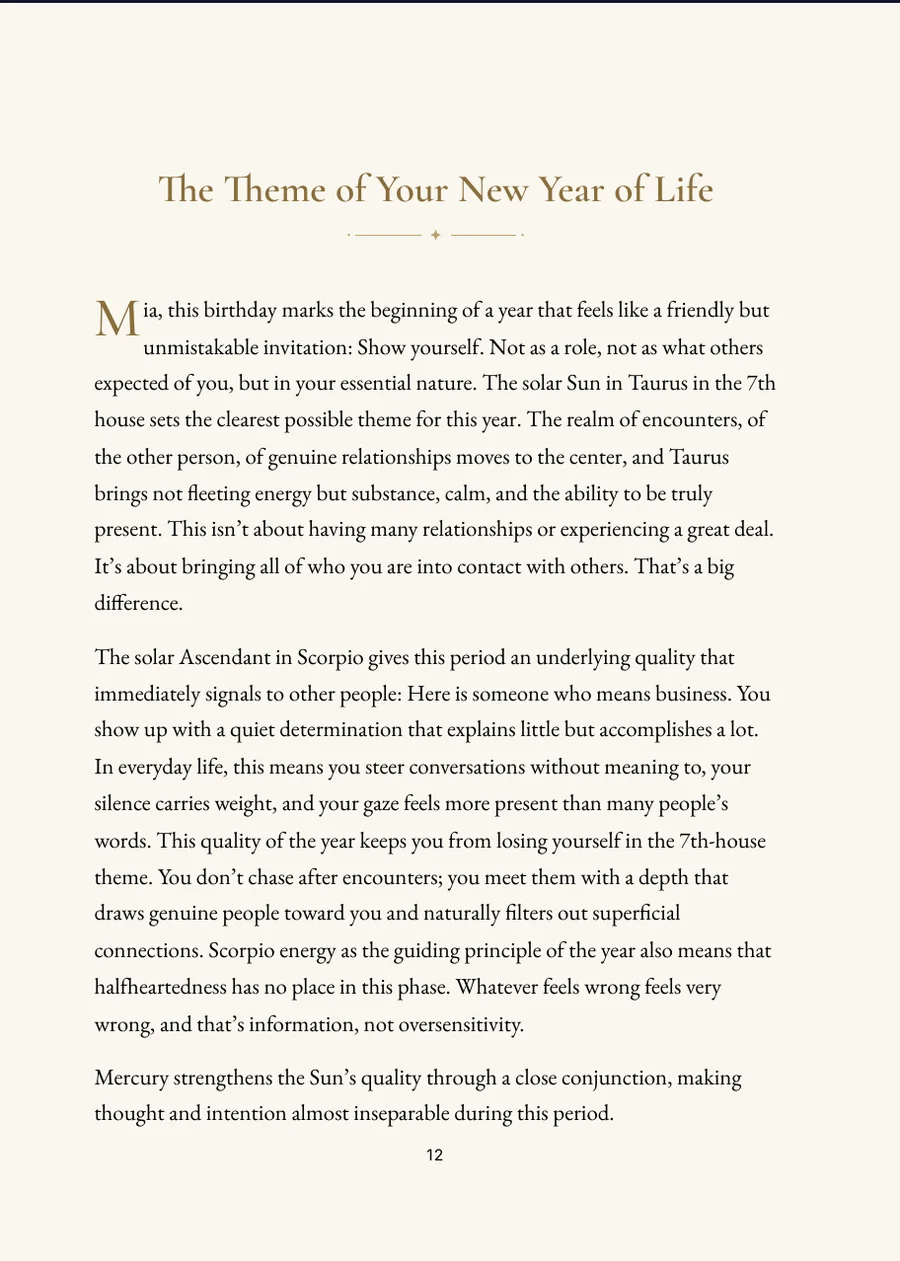 Birthday Horoscope Book (Solar), chapter page with real text