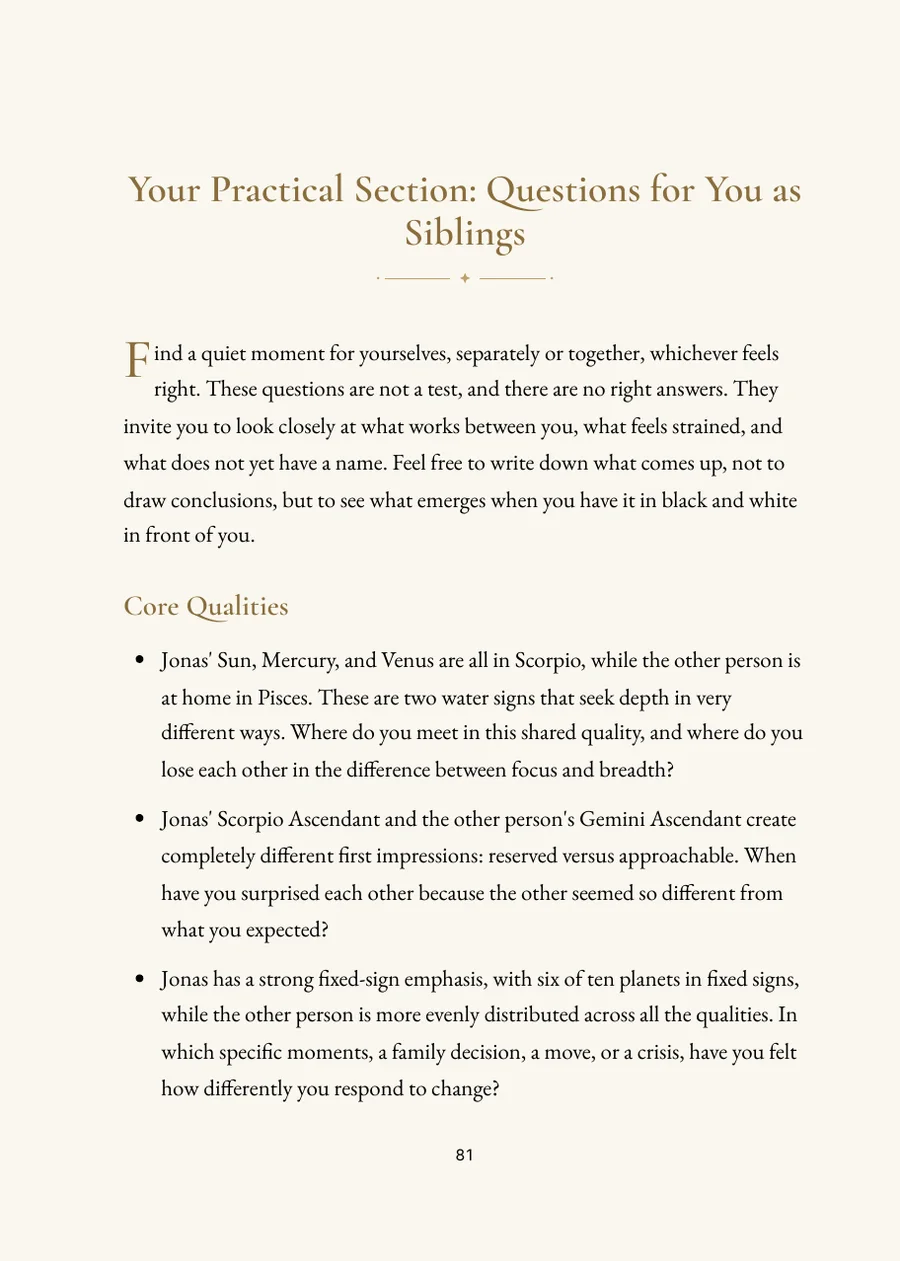 Sibling Horoscope Book: reflection section with questions
