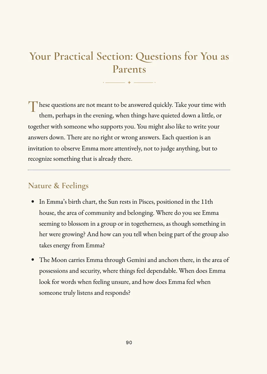 Child's Birth Chart Book, practical section with questions