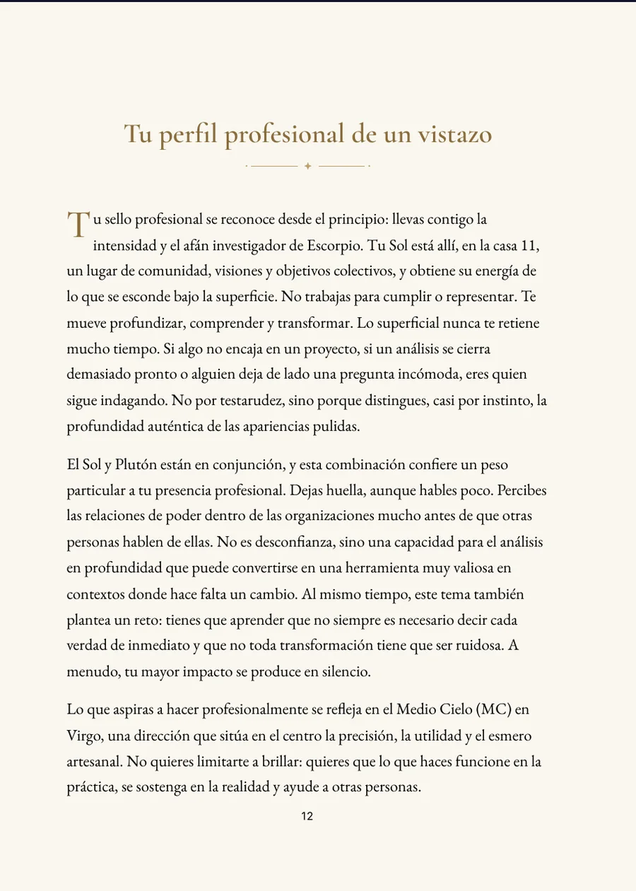 Libro de Astrología Vocacional: página de capítulo con texto real