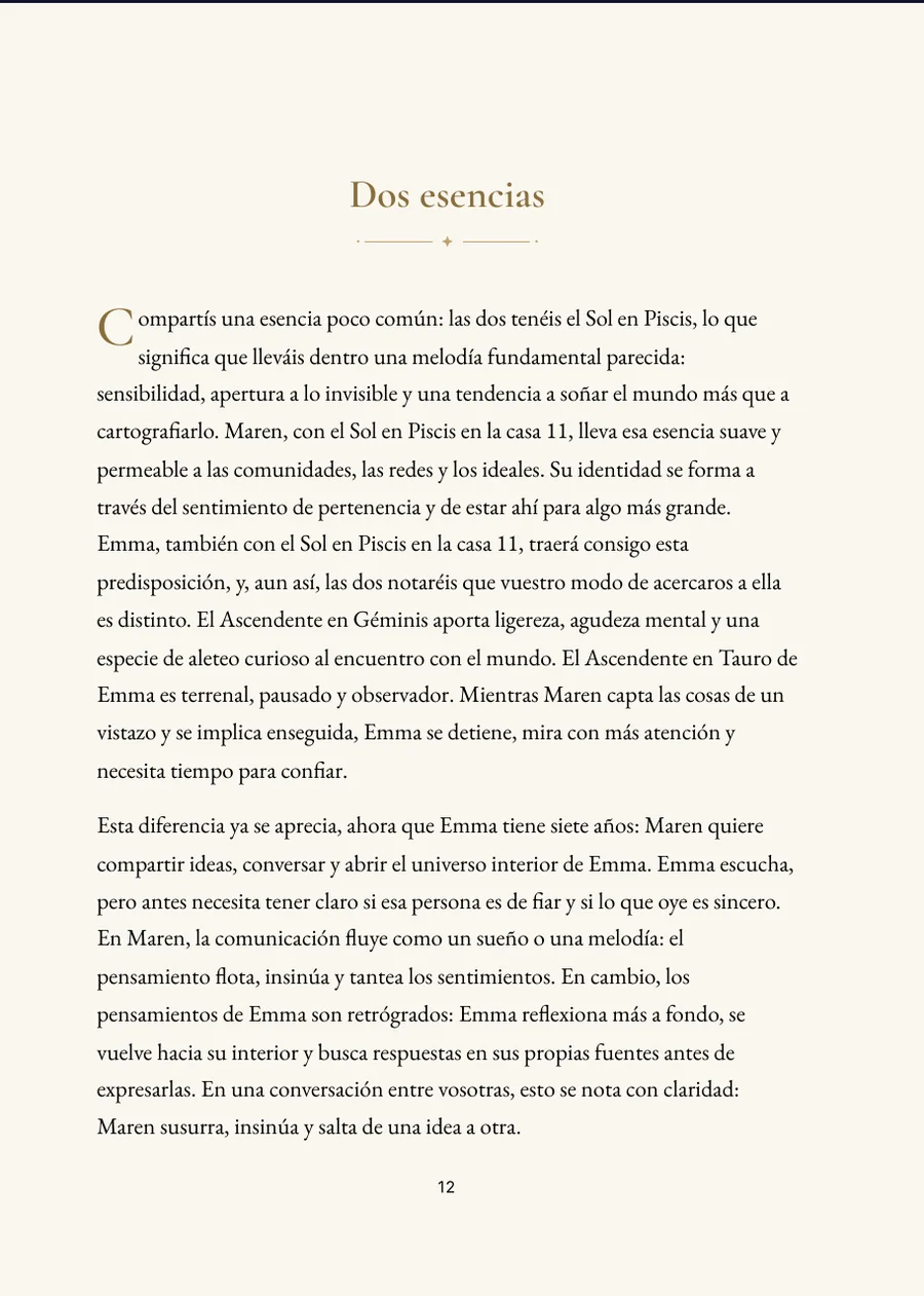 Libro de Horóscopo de Padres e Hijos, página de capítulo con texto real