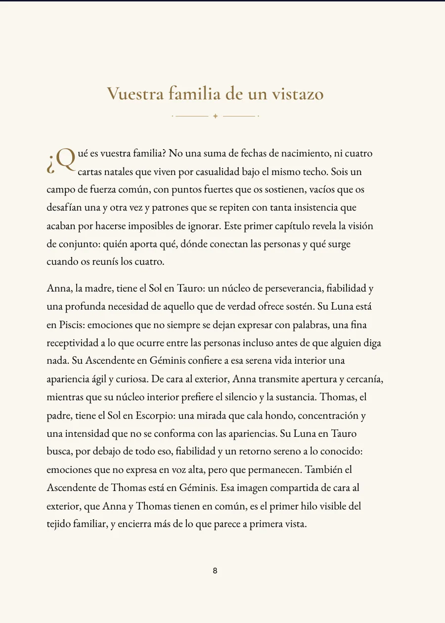 Libro de Horóscopo Familiar: página de capítulo con texto real