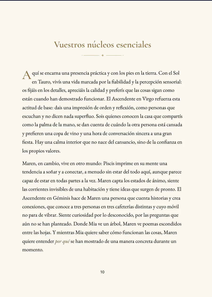 Libro de Horóscopo de Amistad: página de capítulo con texto real
