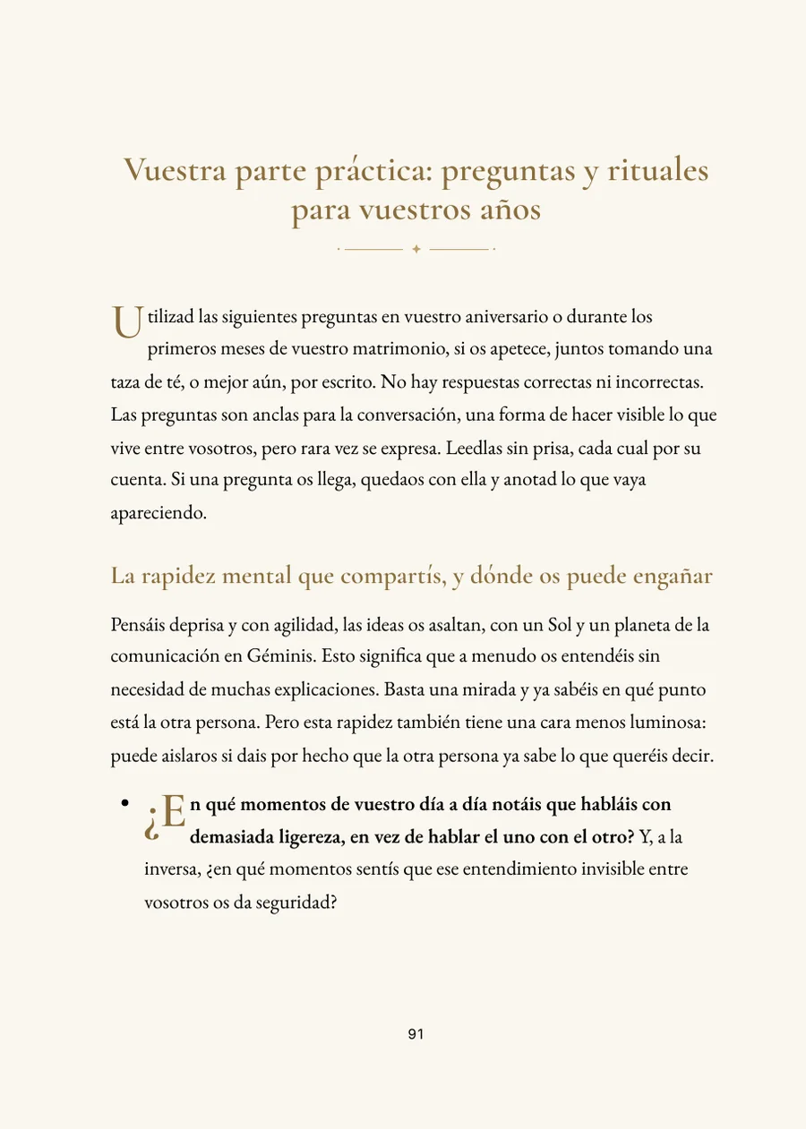 Libro de Horóscopo de Boda, sección práctica con preguntas
