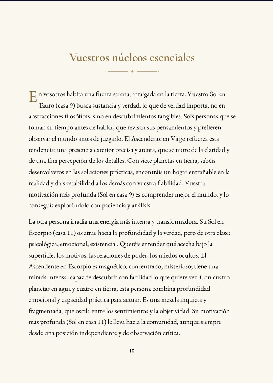 Libro de Horóscopo de Pareja: página de capítulos con texto real
