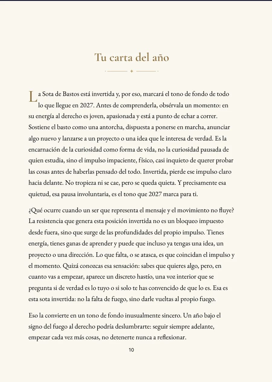 Libro del año de tarot: página de capítulo con texto real