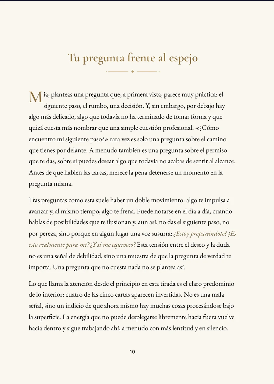 Libro de la tirada de tarot: página de capítulo con texto real