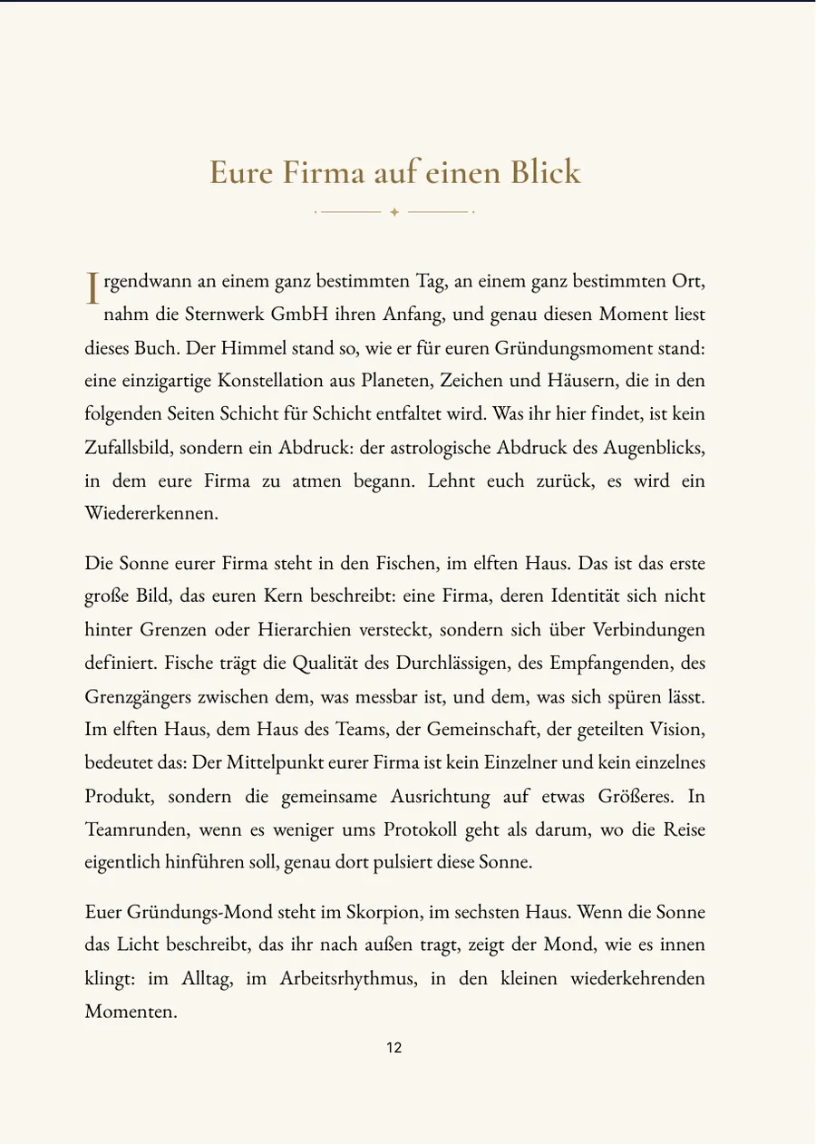 Firmenhoroskop – Kapitelseite mit echtem Text
