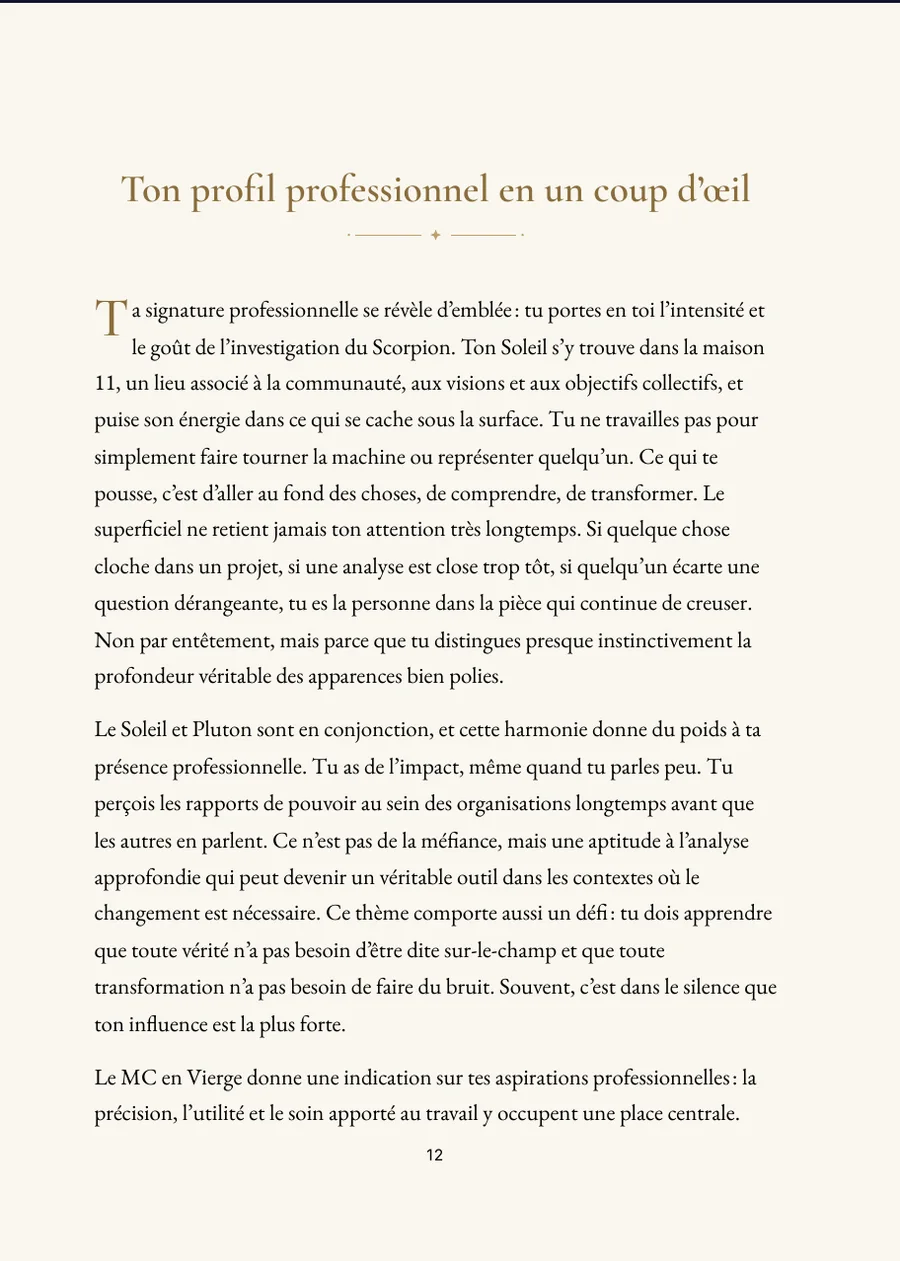 Livre de l’horoscope professionnel : Métier et talents : page de chapitre avec texte réel