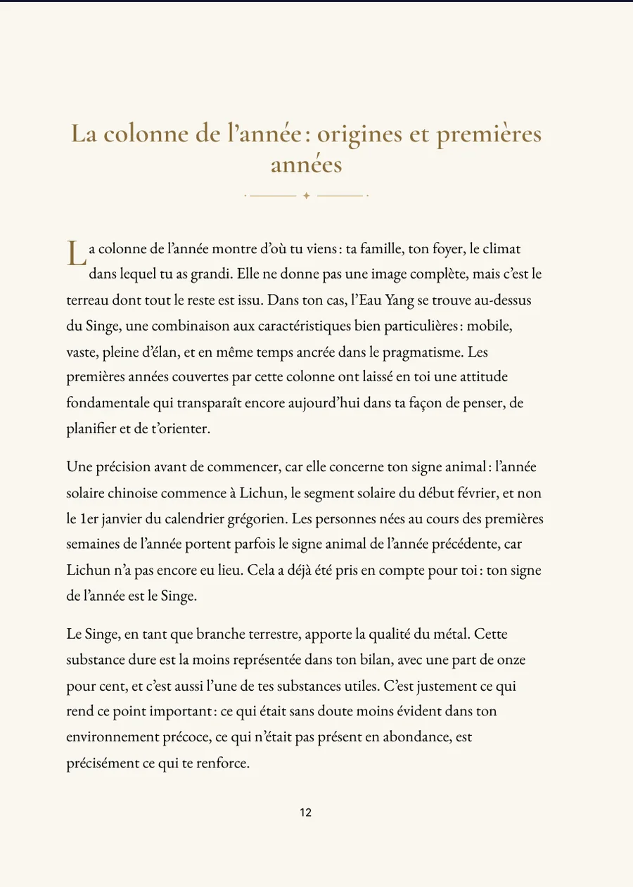 Livre de l’horoscope chinois : page de chapitre avec texte réel
