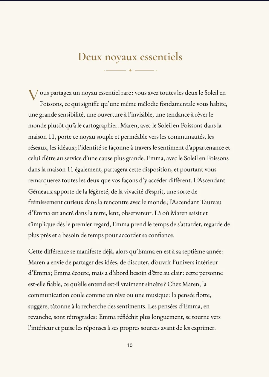 Livre de l’horoscope parent-enfant : page de chapitre avec un vrai texte