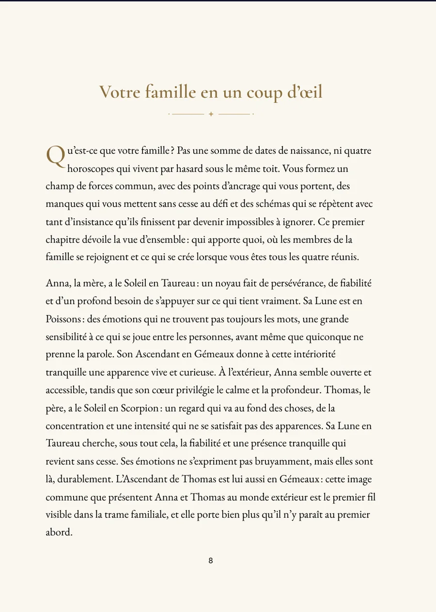 Livre de l’horoscope familial : page de chapitre avec vrai texte