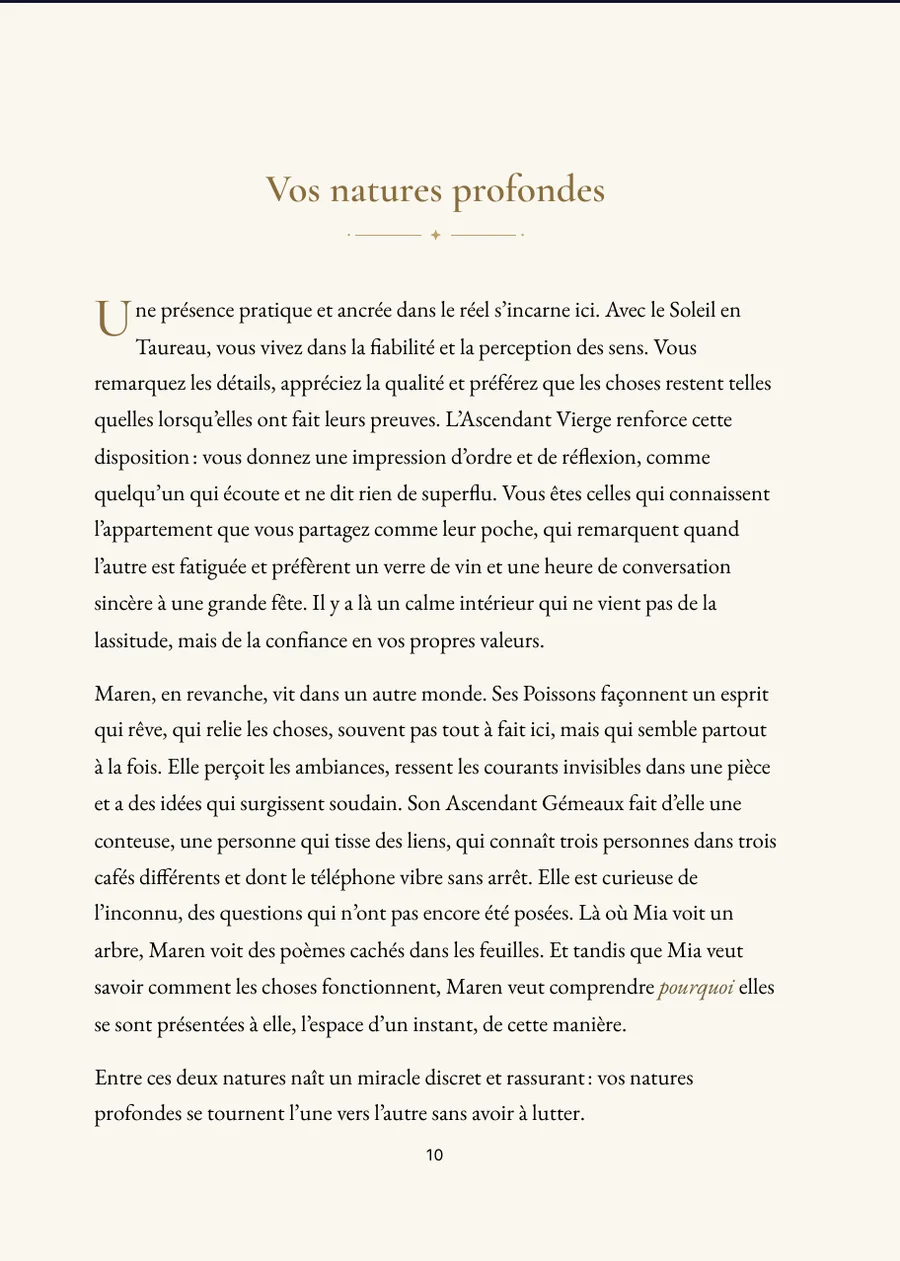 Livre de l’horoscope de l’amitié : page de chapitre avec un vrai texte