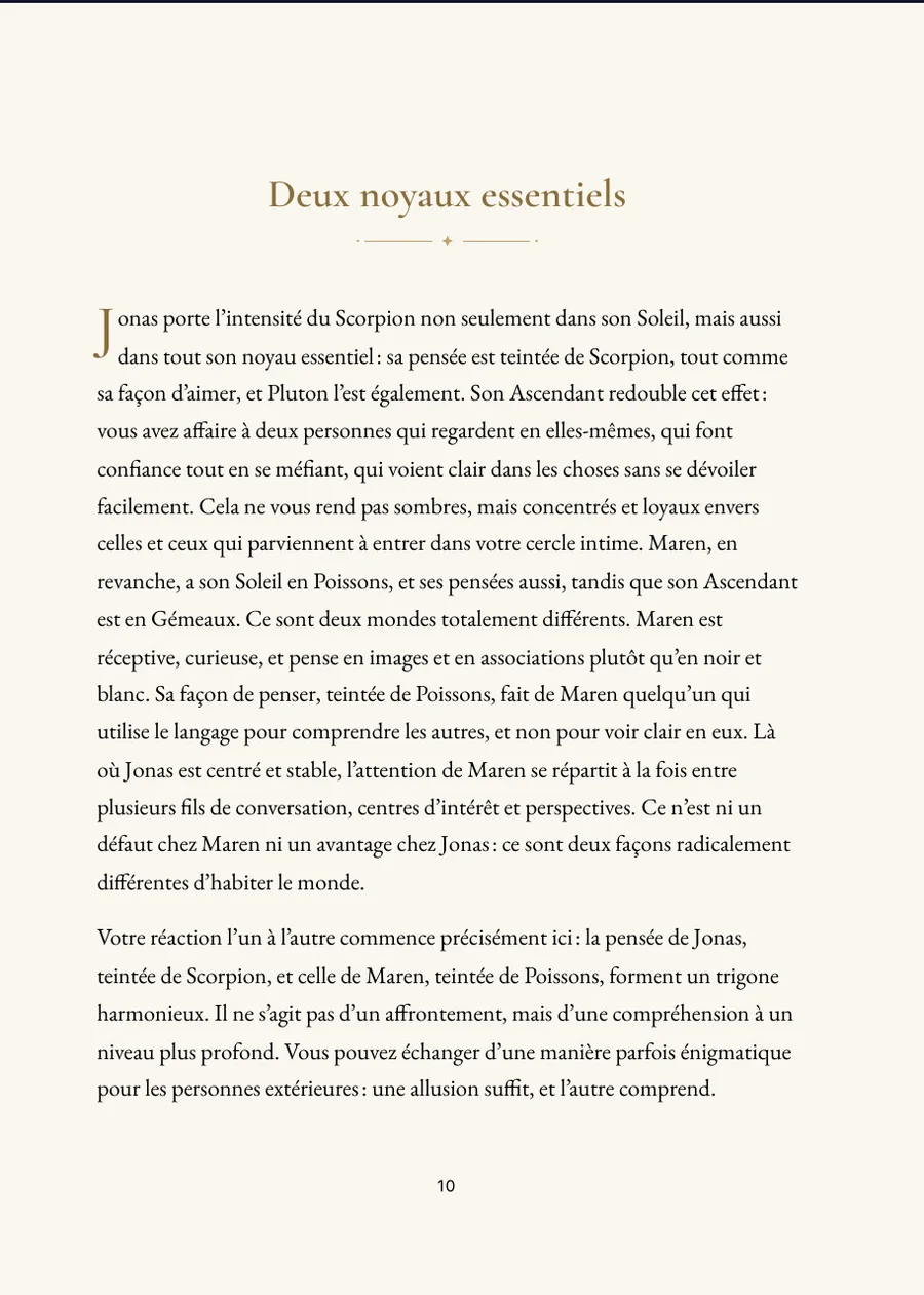 Livre de l’horoscope de la fratrie : page de chapitre avec un vrai texte