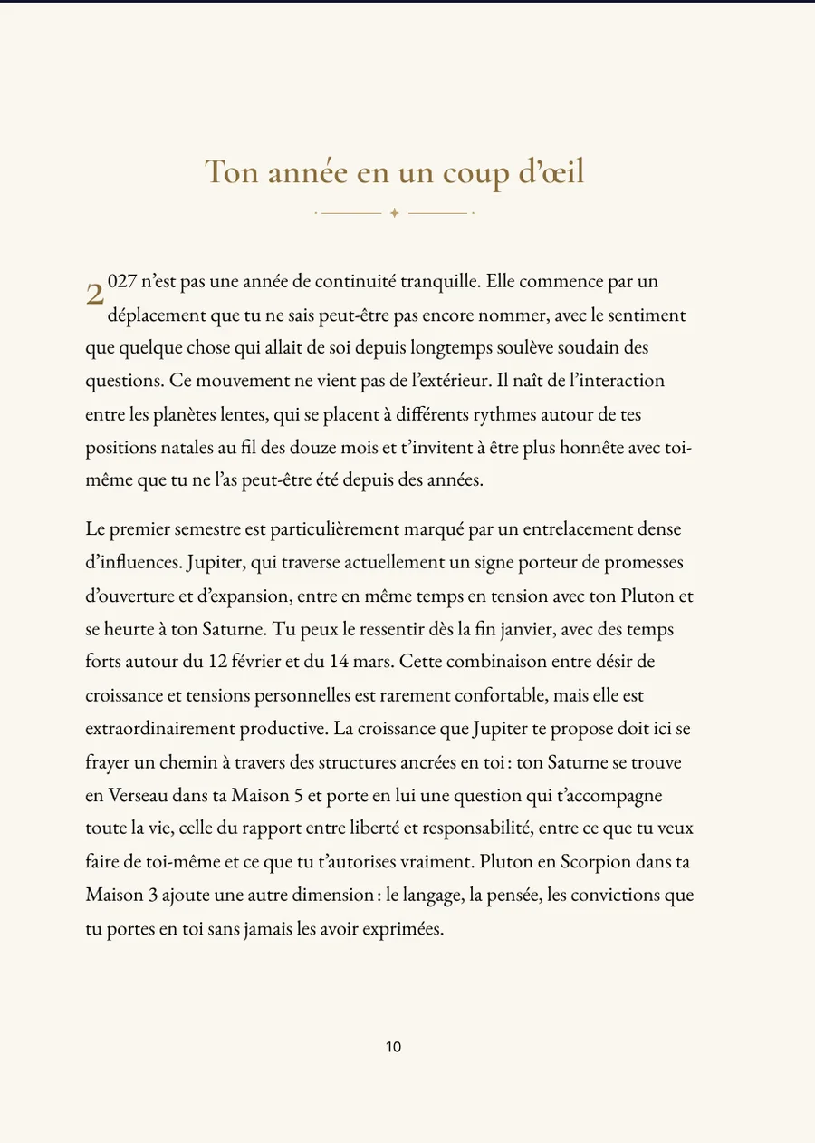 Horoscope annuel 2027, page de chapitre avec texte réel