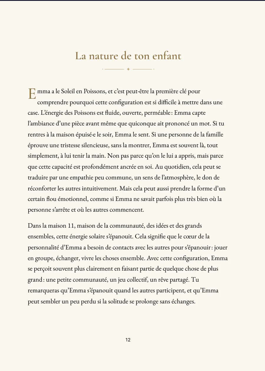 Livre du thème astral de l’enfant : page de chapitre avec texte réel