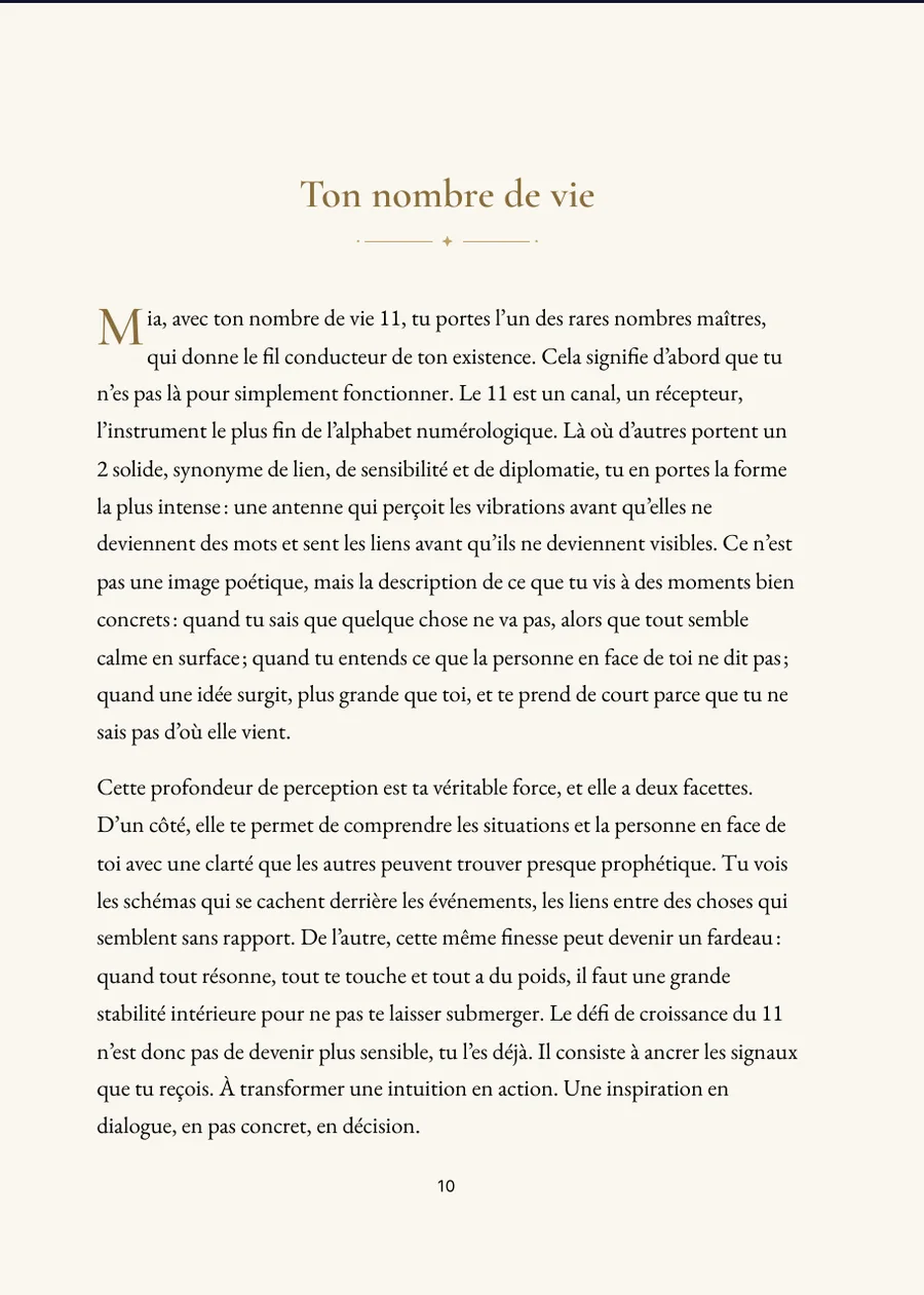 Livre de numérologie, page de chapitre avec un vrai texte
