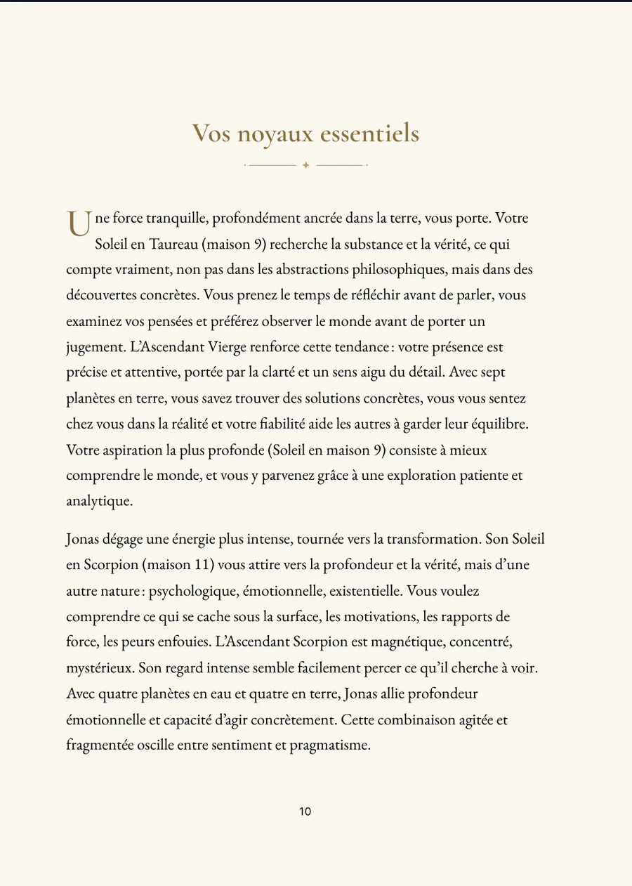 Livre de l’horoscope de couple, page de chapitre avec texte réel