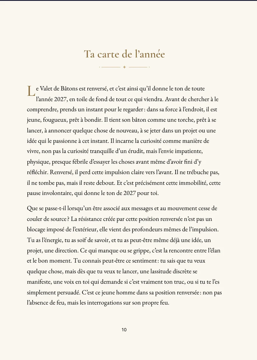 Livre de l’année de tarot : page du chapitre avec un vrai texte