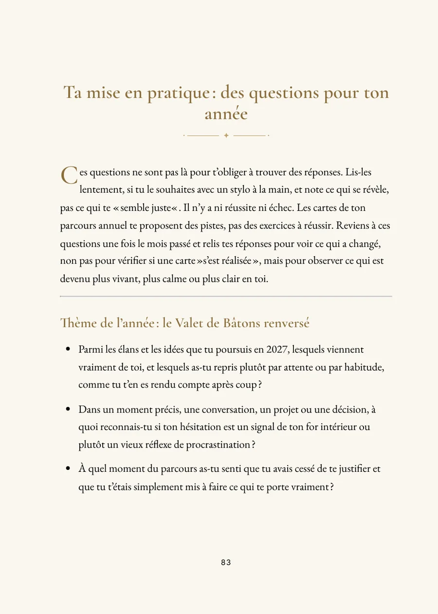 Livre de l’année de tarot, partie pratique avec questions