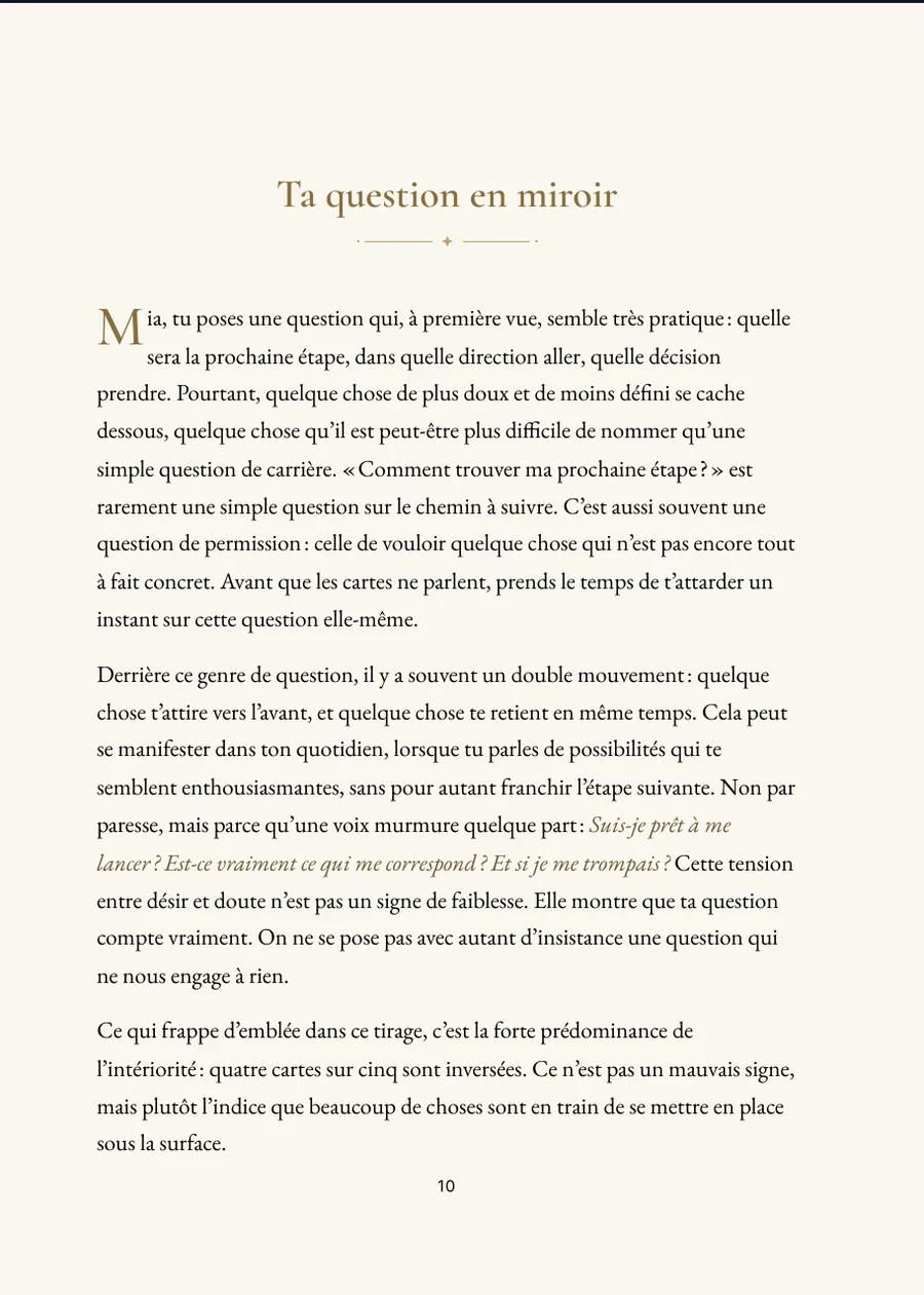 Livre du tirage de tarot : page de chapitre avec un vrai texte