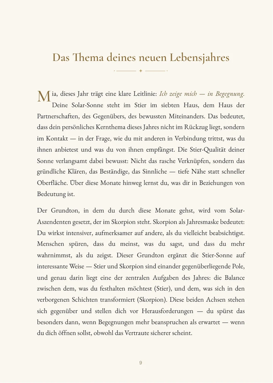 Geburtstags-Horoskop (Solar) – Kapitelseite mit echtem Text