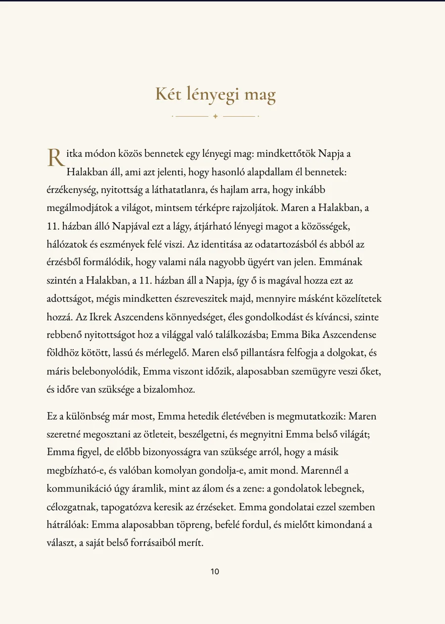 Szülő-gyermek horoszkóp könyv, fejezeti oldal valódi szöveggel