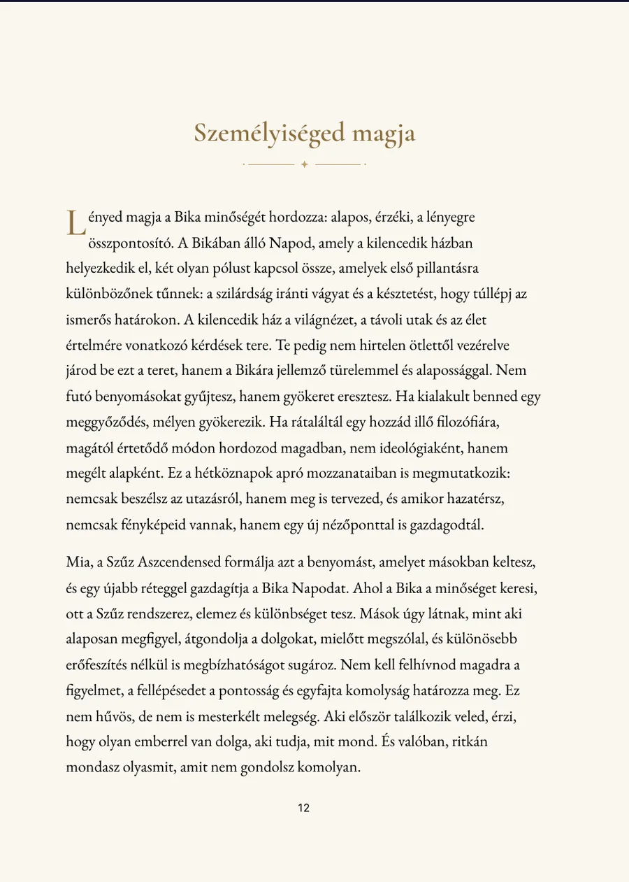 Születési horoszkóp könyv, fejezet oldala valódi szöveggel
