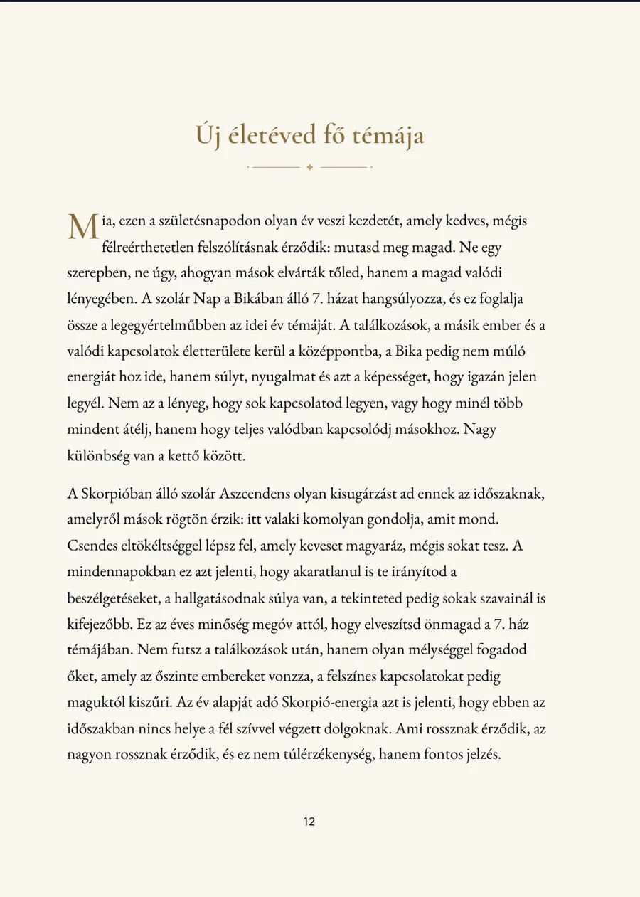 Születésnapi horoszkóp könyv (Szoláris), fejezetoldal valódi szöveggel