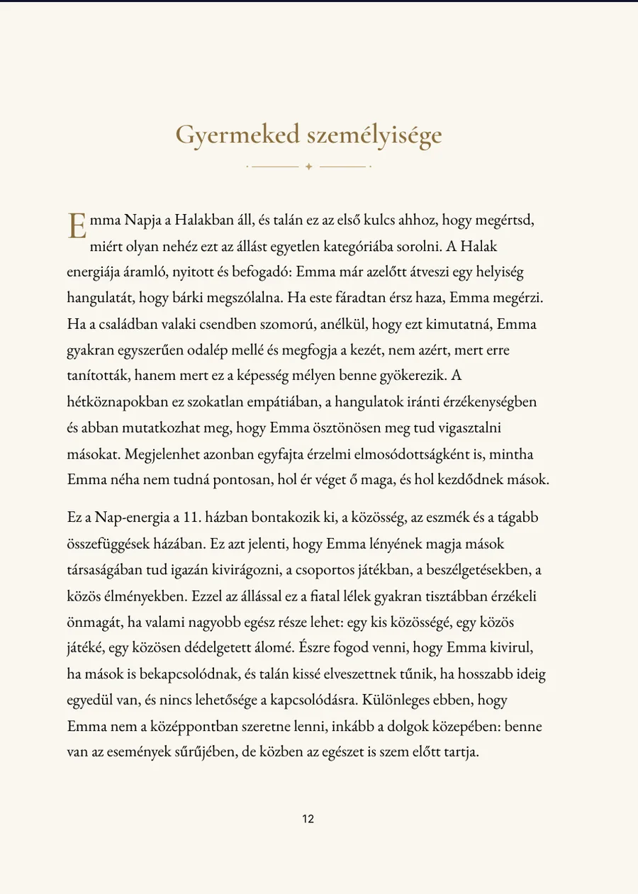 Gyermekhoroszkóp könyv, fejezetoldal valódi szöveggel