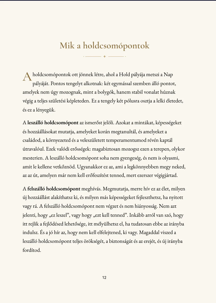 Holdcsomópont-horoszkóp könyv, fejezetoldal valódi szöveggel