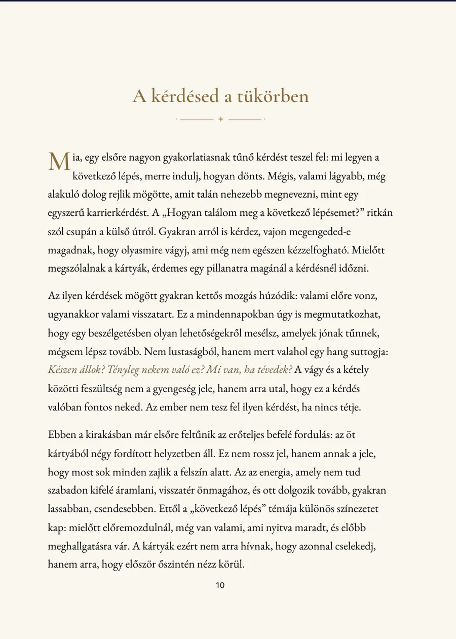 Tarot-kirakás könyv, fejezetoldal valódi szöveggel