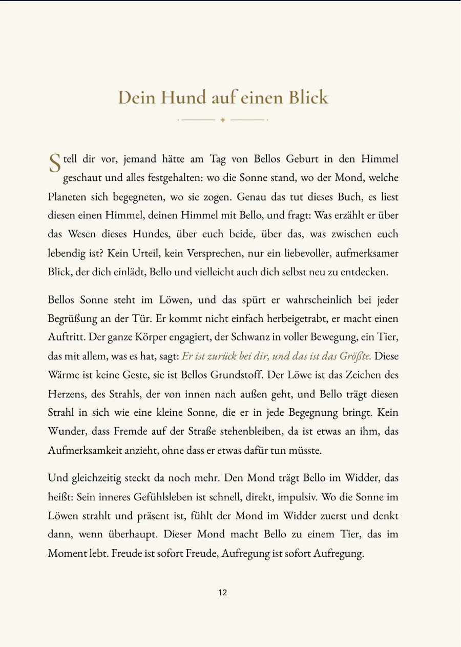 Hundehoroskop – Kapitelseite mit echtem Text