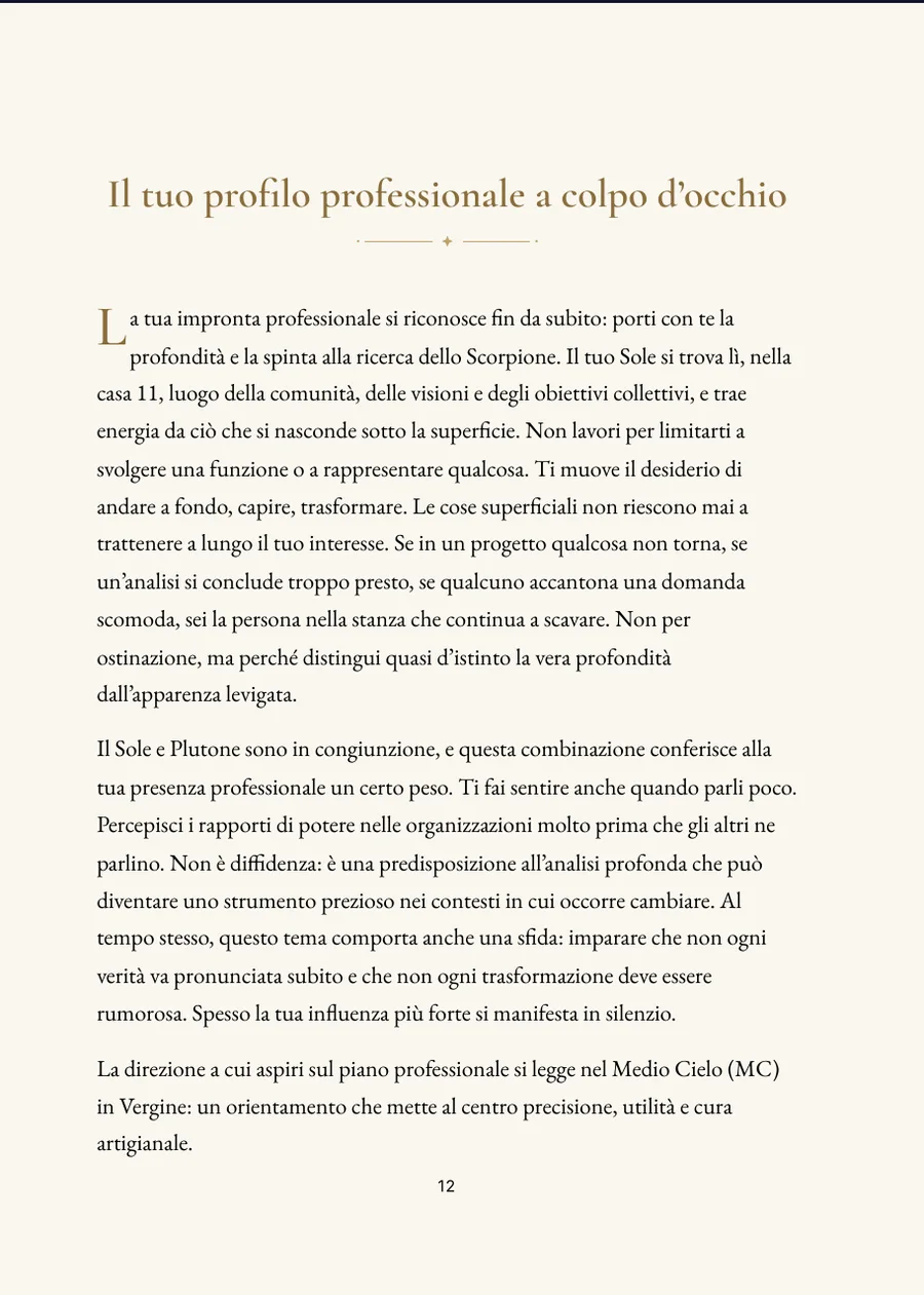 Libro dell'oroscopo del lavoro: Lavoro e talenti, pagina di capitolo con testo reale
