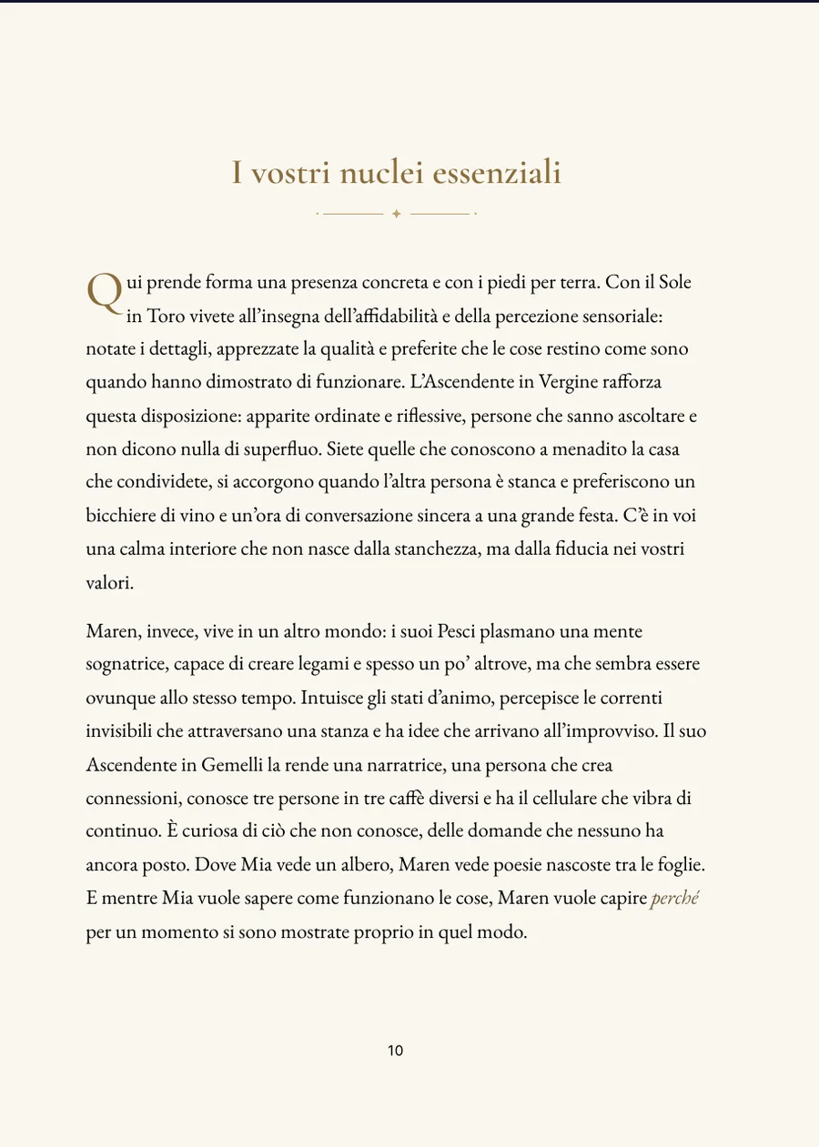 Libro dell'oroscopo dell'amicizia: pagina del capitolo con testo reale