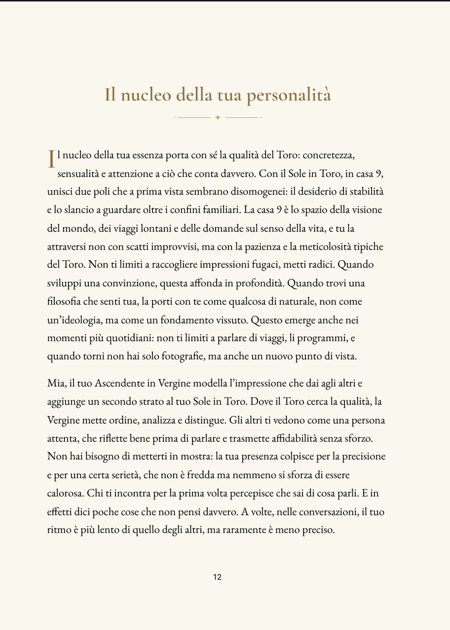 Libro del tema natale: pagina del capitolo con testo reale