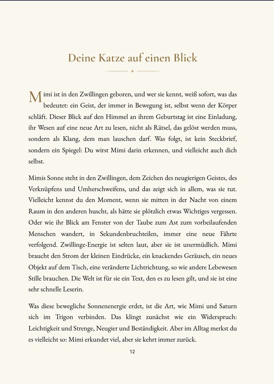 Katzenhoroskop – Kapitelseite mit echtem Text