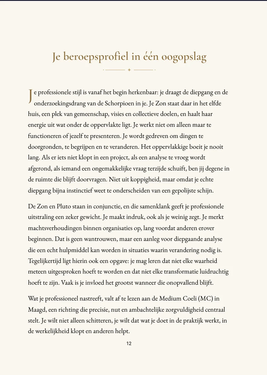Loopbaanhoroscoopboek: Beroep en talenten: hoofdstukpagina met echte tekst