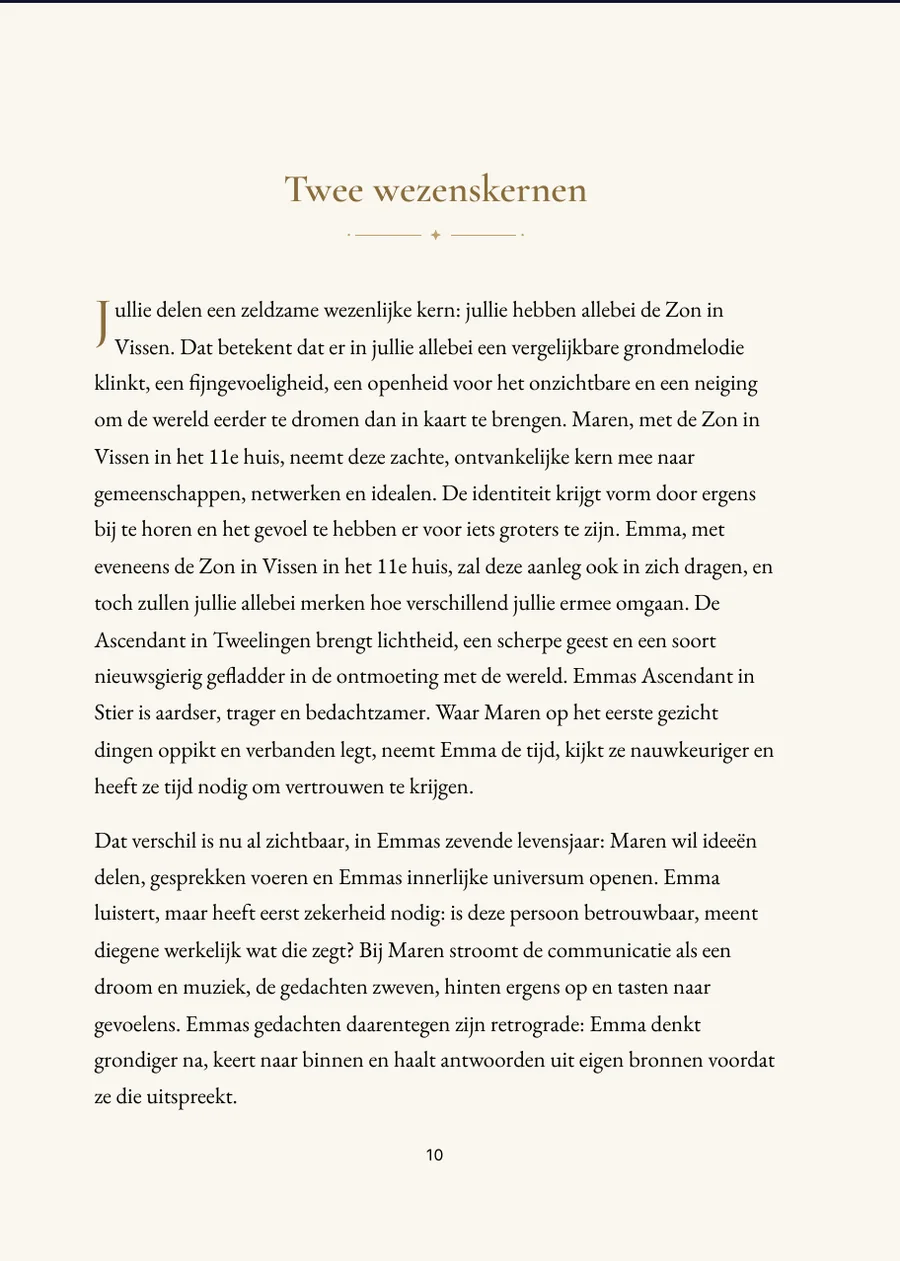 Ouder-kindhoroscoopboek: hoofdstukpagina met echte tekst