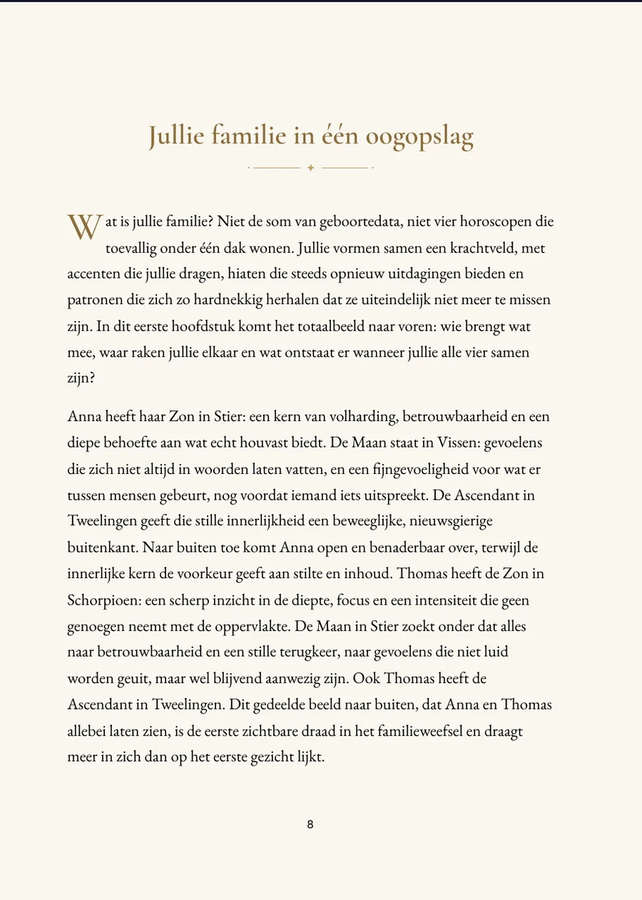 Familiehoroscoopboek: hoofdstukpagina met echte tekst