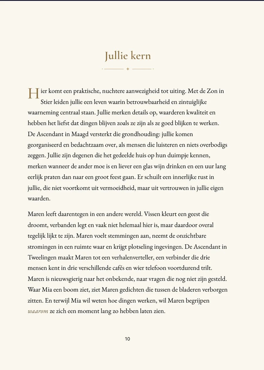 Vriendschapshoroscoopboek: hoofdstukpagina met echte tekst