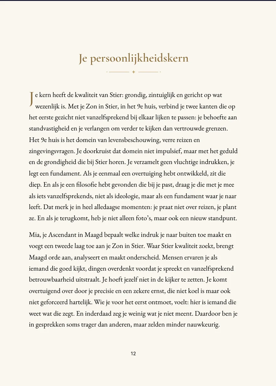 Geboortehoroscoopboek, hoofdstukpagina met echte tekst