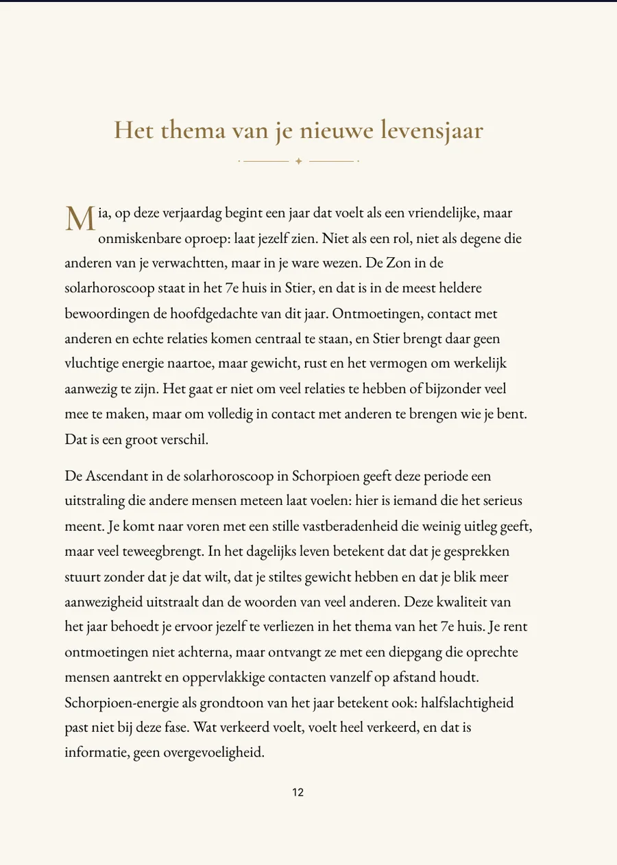 Verjaardagshoroscoopboek (Solar): hoofdstukpagina met echte tekst