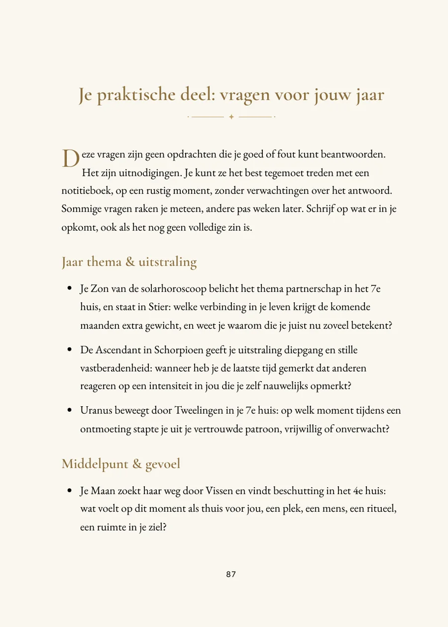 Verjaardagshoroscoopboek (Solar), praktisch deel met vragen